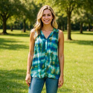 DB Women Blue Tie Dye Sleeveless Sheer Button Up Aztec Western LagunPreppy Top L